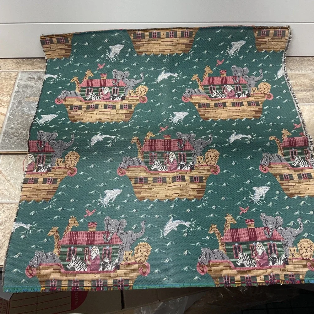 Vintage Noahs Ark Woven Tapestry Fabric Remnant Green Animal Print 26x29